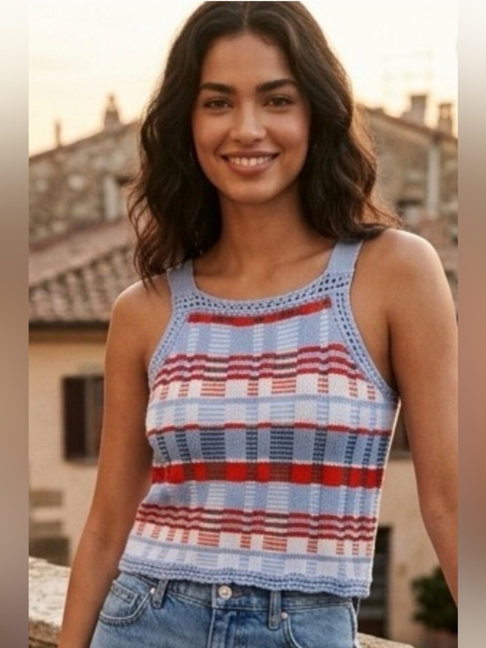 Banana Republic Periwinkle and Orange Plaid Knit Tank